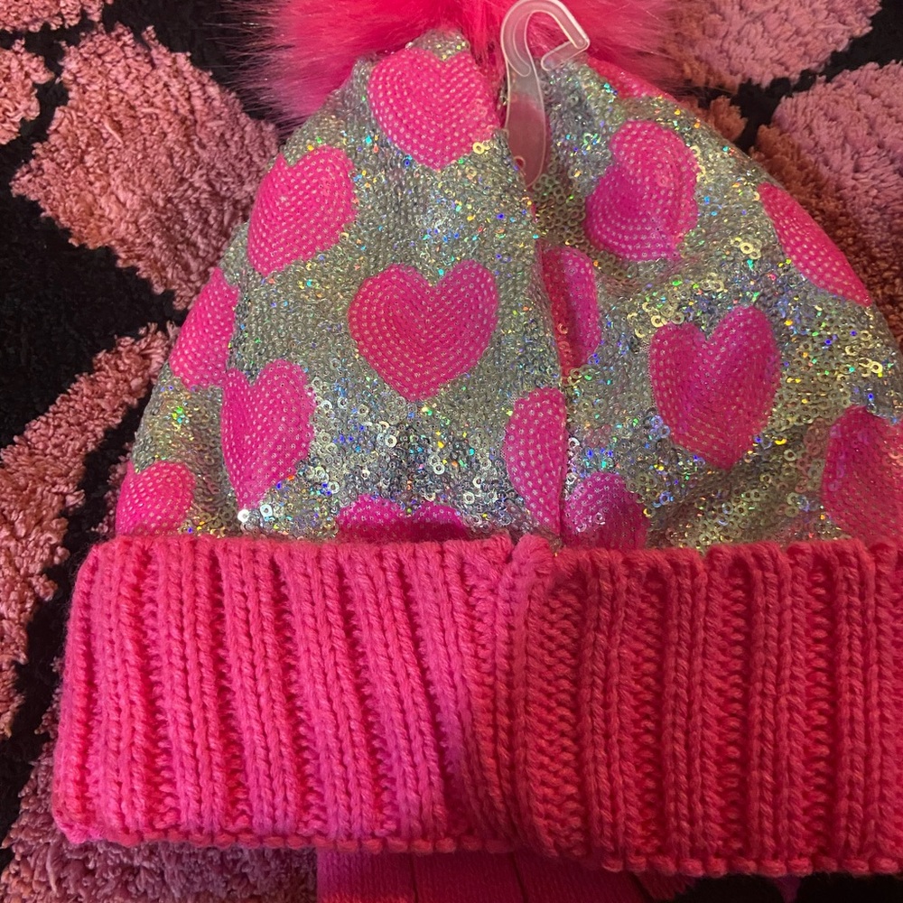 Justice Pink and Silver Heart Sequin Beanie and Glove Set - Picture 2 of 3